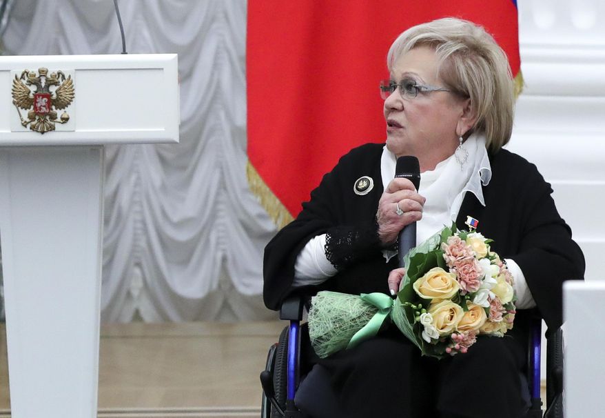 FILE - In this Friday, April 28, 2017 file photo, Russian art director of the Sovremennik theater Galina Volchek attends an award ceremony in the Kremlin in Moscow, Russia. Volchek, a prominent theater director and actress, died in Moscow Thursday, Dec. 26, 2019 at the age of 86. (Mikhail Klimentyev/Sputnik, Kremlin Pool Photo via AP)