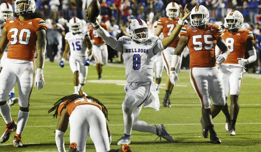 Louisiana Tech&#39;s J&#39;Mar Smith (8) reacts during the NCAA college football Independence Bowl against Miami, Thursday, Dec. 26, 2019, at Independence Stadium in Shreveport, La. (Henriette Wildsmith/The Shreveport Times via AP)