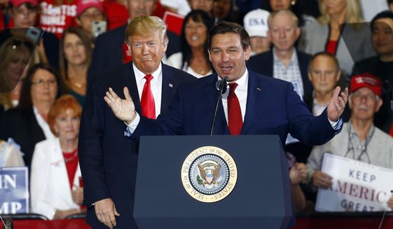 In this Nov. 3, 2018 file photo, President Donald Trump stands behind Ron DeSantis during a rally in Pensacola, Fla. In 2018, Republicans won their sixth straight gubernatorial election as former U.S. Rep. DeSantis edged out Tallahassee Mayor Andrew Gillum. The story was among the top news stories of the decade for the state of Florida.  (AP Photo/Butch Dill, File)
