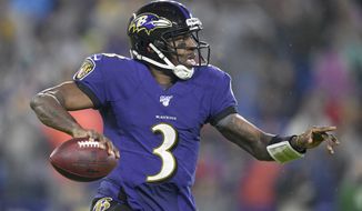 Baltimore Ravens quarterback Robert Griffin III looks to pass against the Pittsburgh Steelers during the first half of an NFL football game, Sunday, Dec. 29, 2019, in Baltimore. (AP Photo/Nick Wass)
