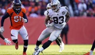 Oakland Raiders tight end Darren Waller (83) runs with the ball as Denver Broncos inside linebacker Todd Davis (51) defends during the first half of an NFL football game Sunday, Dec. 29, 2019, in Denver. (AP Photo/Jack Dempsey)