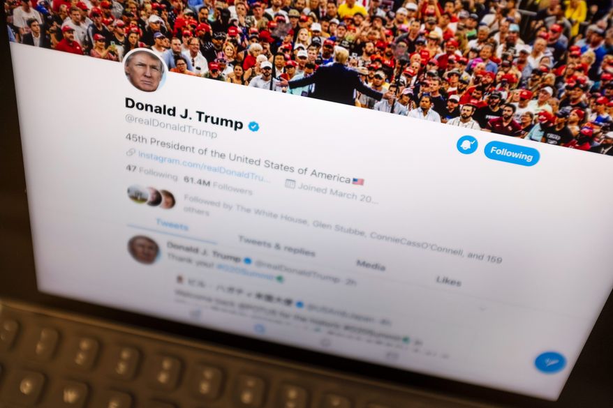 This June 27, 2019, file photo President Donald Trump&#39;s Twitter feed is photographed on an Apple iPad in New York. (Associated Press/File)