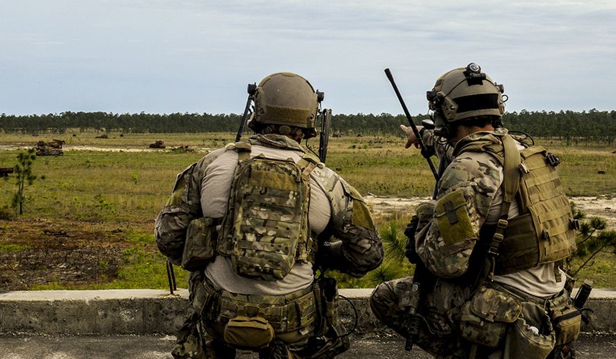 A U.S. Air Force Tactical Air Control Party member (right) points at a target in the field to a U.S. Air Force Combat Controller while participating in close air support training during Emerald Warrior 2014 on Hurlburt Field, Fla., May 1, 2014. Emerald Warrior is an annual, joint exercise to train special operations, conventional and partner nation forces in combat scenarios designed to hone special operations air and ground combat skills, and is the Department of Defense's only irregular warfare exercise. (U.S. Air Force photo by Senior Airman Colville McFee / Released)