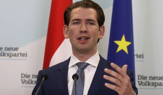 In this Monday, Nov. 11, 2019 file photo, Sebastian Kurz head of the Austrian People&#39;s Party, OEVP, speaks to journalists during a press conference about the beginning of the coalition negotiations with the Austrian Greens in Vienna, Austria. Austrian People&#39;s Party, OEVP and the environmentalist Greens appear to be closing in on a coalition deal that would return ex-Chancellor Sebastian Kurz to power and end the reign of a non-partisan interim government. (AP Photo/Ronald Zak, file)
