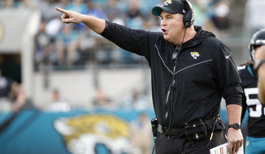 Jacksonville Jaguars head coach Doug Marrone directs his players against the Indianapolis Colts during the first half of an NFL football game, Sunday, Dec. 29, 2019, in Jacksonville, Fla. (AP Photo/Stephen B. Morton)
