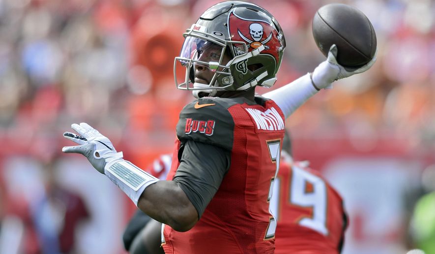 Tampa Bay Buccaneers quarterback Jameis Winston (3) fires a pass against the Atlanta Falcons during the first half of an NFL football game Sunday, Dec. 29, 2019, in Tampa, Fla. (AP Photo/Jason Behnken) ** FILE **