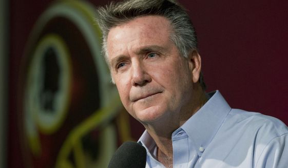 In this Dec. 31, 2014, photo, Washington Redskins team President and General Manager Bruce Allen speaks to reporters during an NFL football news conference at the Redskins Park in Ashburn, Va. Allen was fired Monday, Dec. 30, 2019, after a tumultuous and loss-filled decade with the NFL team once coached by his father. (AP Photo/Manuel Balce Ceneta) **FILE**