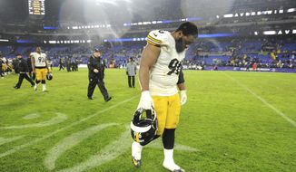 Pittsburgh Steelers defensive tackle Isaiah Buggs leaves the field after an NFL football game against the Baltimore Ravens, Sunday, Dec. 29, 2019, in Baltimore. The Ravens won 28-10. (AP Photo/Gail Burton)