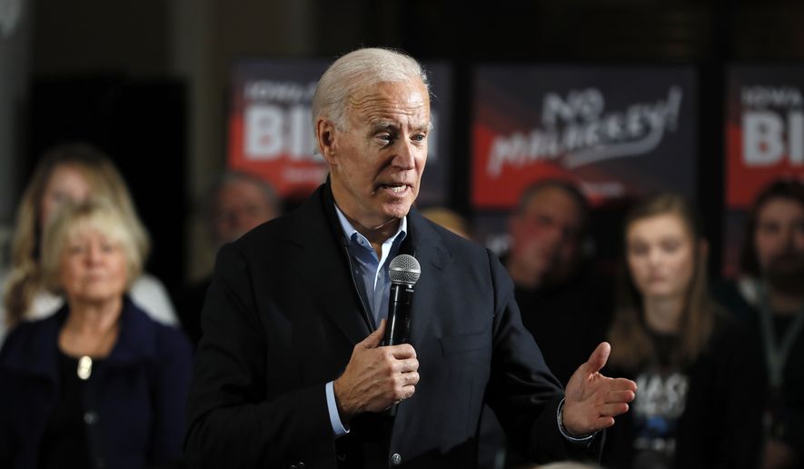 In this Sunday, Dec. 1, 2019, file photo, Democratic presidential candidate and former Vice President Joe Biden speaks during a meeting with local residents at Buena Vista University, in Storm Lake, Iowa. Biden has landed a high-profile endorsement for his presidential bid as U.S. Rep. Abby Finkenauer becomes the first member of the Iowa congressional delegation to take sides in the Democratic nominating contest. (AP Photo/Charlie Neibergall, File)