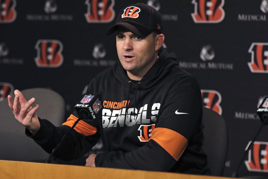 Cincinnati Bengals head coach Zac Taylor speaks during a news conference after an NFL football game against the Cleveland Browns, Sunday, Dec. 29, 2019, in Cincinnati. The Bengals won 33-23. (AP Photo/Gary Landers)