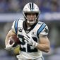  In this Dec. 22, 2019, file photo, Carolina Panthers&#39; Christian McCaffrey runs during the second half of an NFL football game against the Indianapolis Colts, in Indianapolis. McCaffrey&#39;s versatility and superb statistics helped him to a rare double: The Carolina Panthers running back has made The Associated Press NFL All-Pro Team at two positions. (AP Photo/Michael Conroy, File)  **FILE**