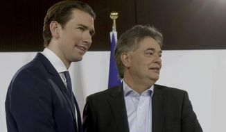 Sebastian Kurz, left, head of the Austrian People&#39;s Party, OEVP, poses with Werner Kogler, right, head of the Austrian Greens after a press conference about the government program in Vienna, Austria, Thursday, Jan. 2, 2020. (AP Photo/Ronald Zak)