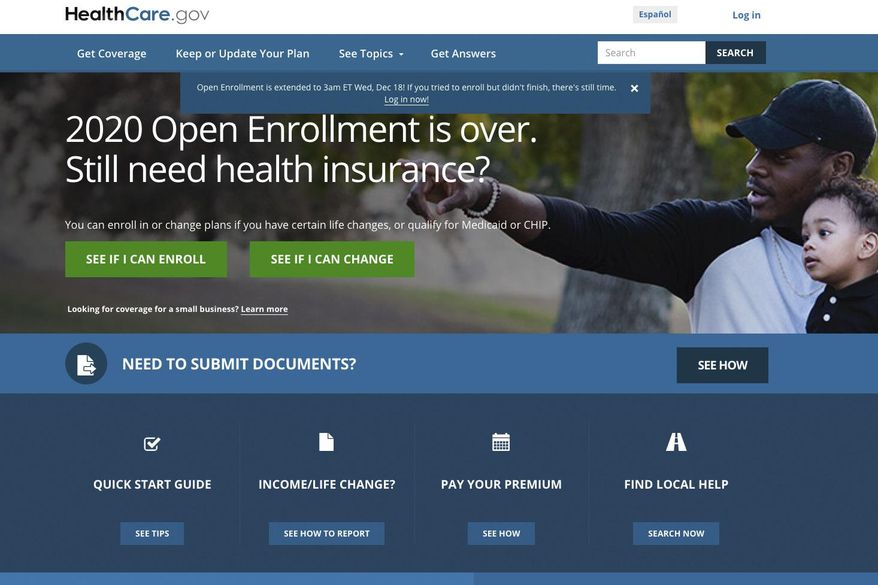 This screen grab from the website HealthCare.gov shows the extended deadline for signing up for health care coverage. (Centers for Medicare and Medicaid Services via AP)