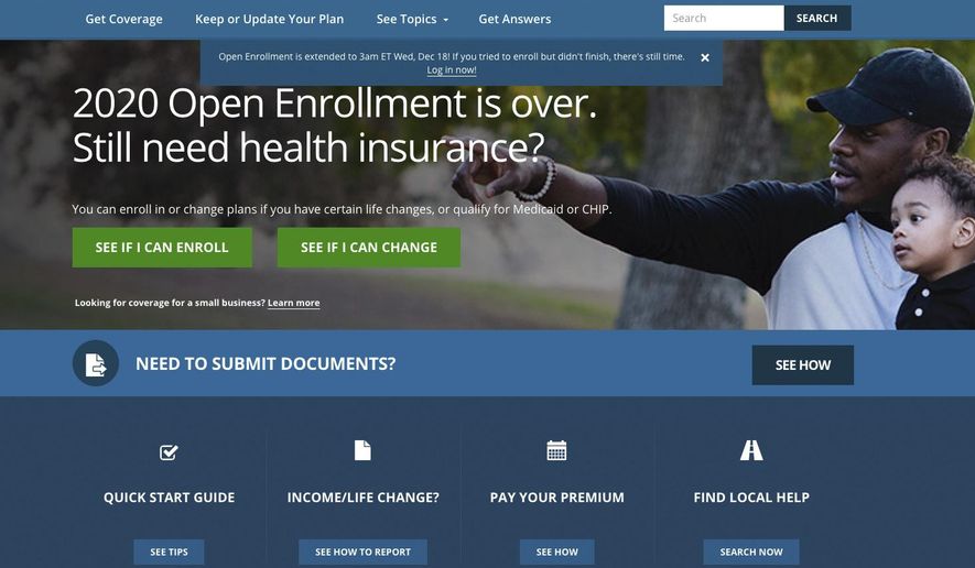 This screen grab from the website HealthCare.gov shows the extended deadline for signing up for health care coverage for 2020. The Trump administration says people will get more time to sign up for “Obamacare” health insurance following a spate of computer glitches over the weekend. The Centers for Medicare and Medicaid Services says the new HealthCare.gov deadline is 3 a.m. Eastern time on Wednesday, Dec. 18. (Centers for Medicare and Medicaid Services via AP)