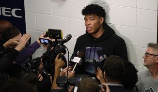 Washington Wizards forward Rui Hachimura, of Japan, speaks to the media before an NBA basketball game against the Denver Nuggets, Saturday, Jan. 4, 2020, in Washington. (AP Photo/Nick Wass)