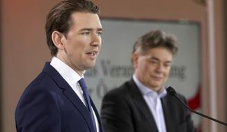 Sebastian Kurz, left, head of the Austrian People&#39;s Party, OEVP, and Werner Kogler, right, head of the Austrian Greens speak to journalists during a press conference about the government program in Vienna, Austria, Thursday, Jan. 2, 2020. (AP Photo/Ronald Zak)