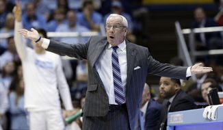 North Carolina coach Roy Williams reacts during the first half of the team&#39;s NCAA college basketball game against Georgia Tech in Chapel Hill, N.C., Saturday, Jan. 4, 2020. (AP Photo/Gerry Broome)