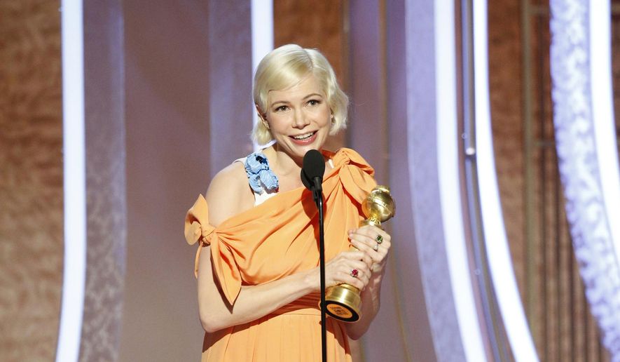 This image released by NBC shows Michelle Williams accepting the award for best actress in a limited series or TV movie for her role in &amp;quot;Fosse/Verdon&amp;quot; at the 77th Annual Golden Globe Awards at the Beverly Hilton Hotel in Beverly Hills, Calif., on Sunday, Jan. 5, 2020. (Paul Drinkwater/NBC via AP)