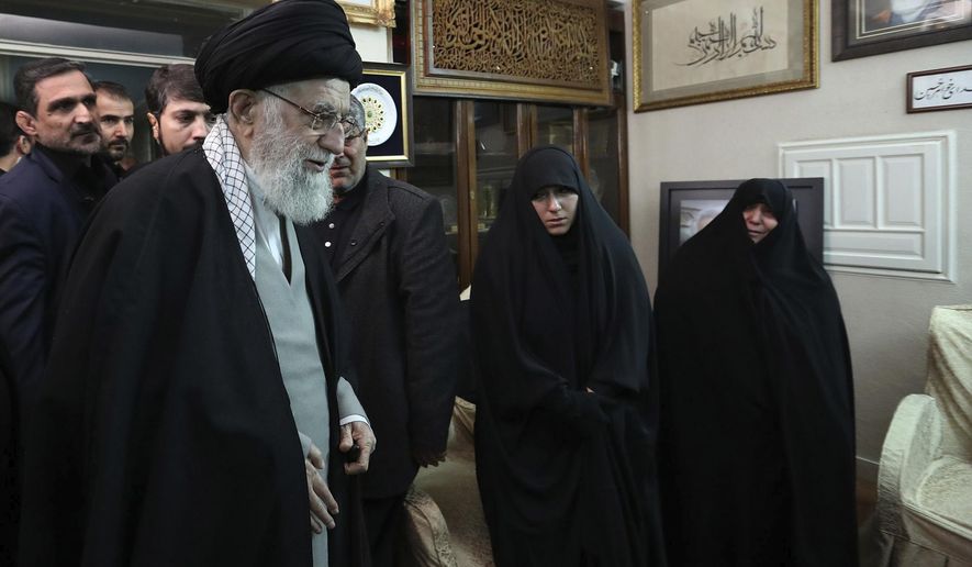 In this picture released by the official website of the office of the Iranian supreme leader, Supreme Leader Ayatollah Ali Khamenei meets family of Iranian Revolutionary Guard Gen. Qassem Soleimani, who was killed in the U.S. airstrike in Iraq, at his home in Tehran, Iran, Friday, Jan. 3, 2020. Iran has vowed &amp;quot;harsh retaliation&amp;quot; for the U.S. airstrike near Baghdad&#39;s airport that killed Tehran&#39;s top general and the architect of its interventions across the Middle East. (Office of the Iranian Supreme Leader via AP)