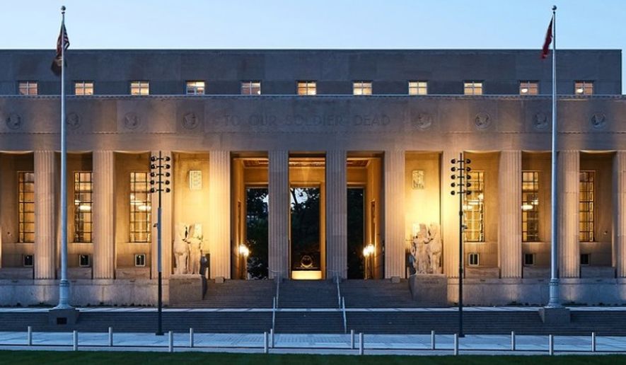 The Soldiers Memorial Military Museum in St. Louis, Mo., is shown in this screen capture from the Museum's official website. On Sunday, Jan. 5, 2020, a spray-painted "No war" message was discovered on the building. The day before, according to the Associated Press, some 150 people marched in downtown St. Louis to protest President Trump's recent airstrike that killed Iranian Gen. Qassem Soleimani. (https://mohistory.org/memorial)