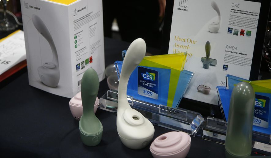 Lora DiCarlo offers a complete line of robotic sexual stimulation devices for women shown here at the CES Unveiled media preview event, Sunday, Jan. 5, 2020, in Las Vegas. (AP Photo/Ross D. Franklin)