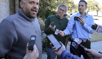 Former Baylor head football coach Matt Rhule speaks to reporters outside his home Tuesday Jan. 7, 2020, in Waco, Texas.  According to a person familiar with the situation, the Carolina Panthers are completing a contract to hire Baylor&#x27;s Matt Rhule as their coach. The Panthers have not spoken publicly about the coaching search. (Jerry Larson/Waco Tribune-Herald via AP)