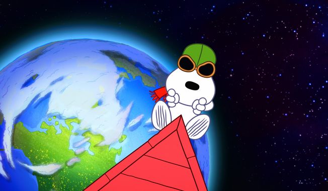 This image released by Apple shows the character Snoopy in a scene from an animated short "Snoopy in Space." Apple TV Plus has carved out prominent roles for Charlie Brown's floppy-eared beagle and puppets from the famed Sesame Workshop in its slate of kid and family friendly programs. (Apple via AP)