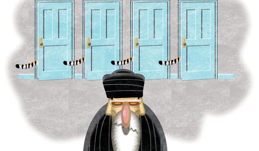 Illustration on Iran’s poor options by Alexander Hunter/The Washington Times 