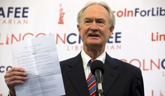 Libertarian presidential candidate and former Rhode Island Governor Lincoln Chafee speaks during a news conference at the Press Club in Washington, Wednesday, Jan. 8, 2020. (AP Photo/Jose Luis Magana)