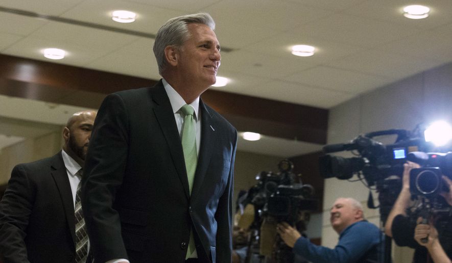 House Republican Leader Kevin McCarthy, R-Calif., arrives for a briefing on last week&#39;s targeted killing of Iran&#39;s senior military commander Gen. Qassem Soleimani on Capitol Hill, in Washington, Wednesday, Jan. 8, 2020. (AP Photo/Jose Luis Magana) ** FILE **