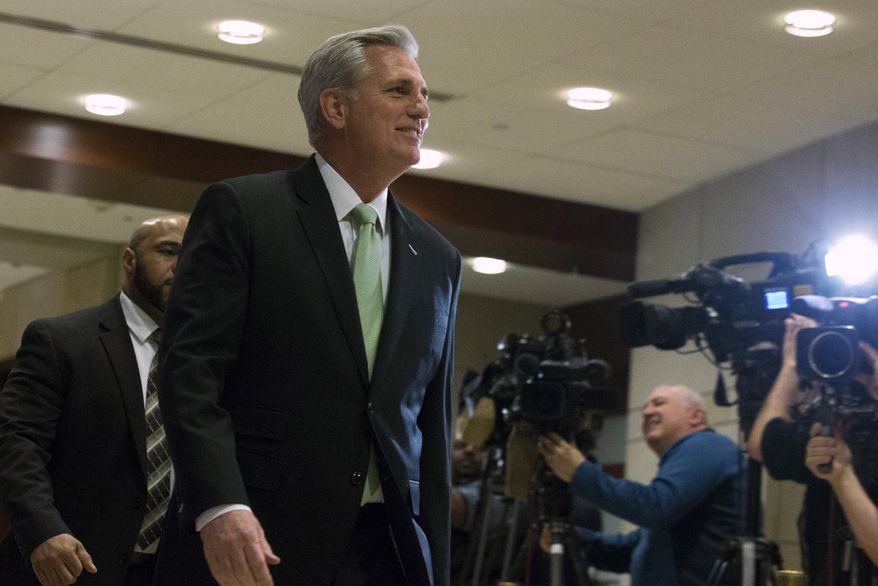 House Republican Leader Kevin McCarthy, R-Calif., arrives for a briefing on last week&#x27;s targeted killing of Iran&#x27;s senior military commander Gen. Qassem Soleimani on Capitol Hill, in Washington, Wednesday, Jan. 8, 2020. (AP Photo/Jose Luis Magana) ** FILE **