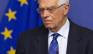 European Union foreign policy chief Josep Borrell speaks during a media conference after an extraordinary meeting of the EU college of commissioners at EU headquarters in Brussels, Wednesday, Jan. 8, 2020. European Union foreign policy chief Josep Borrell briefed the college on Wednesday regarding the current situation in Libya and Iran. (AP Photo/Virginia Mayo)