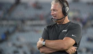 FILE - In this Aug. 15, 2019, file photo, Philadelphia Eagles defensive coordinator Jim Schwartz watches from the sideline during the second half of an NFL preseason football game against the Jacksonville Jaguars, in Jacksonville, Fla. Eagles defensive coordinator Jim Schwartz, who had a five-season run as Detroit&#39;s coach, is interviewing Wednesday, Jan. 8, 2020, with the Cleveland Browns. Schwartz is the sixth candidate to meet with the Browns, who are once again looking for a coach after another disappointing, losing season.(AP Photo/Phelan M. Ebenhack, File)