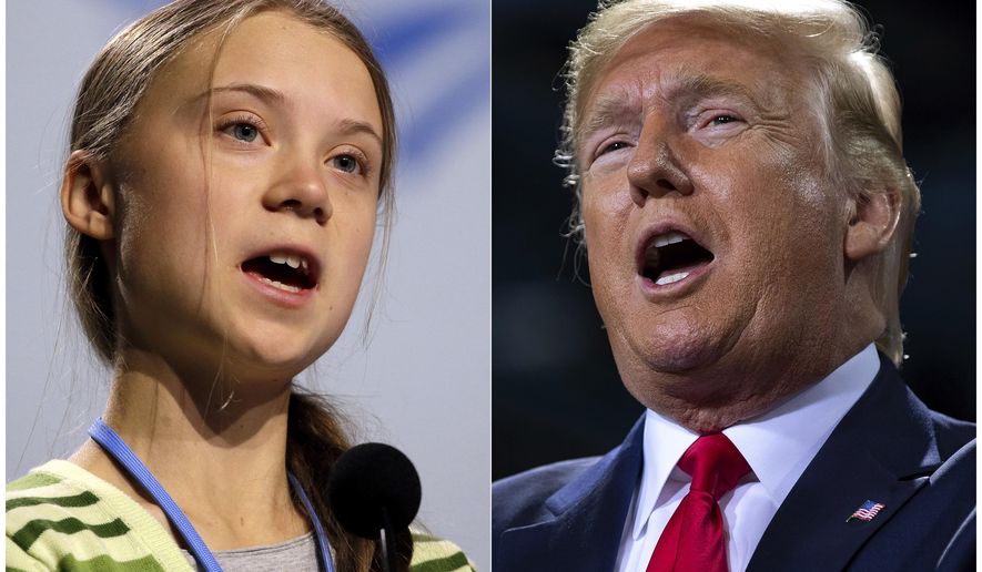 This combination photo shows Swedish climate activist Greta Thunberg speaking at the COP25 summit in Madrid, Spain on Dec. 11, 2019, left, and President Donald Trump speaking at a campaign rally in Battle Creek, Mich. on Dec. 18, 2019. When climate activist Greta Thunberg, also 16, was named Time magazine's 2019 person of the year, President Donald Trump took to Twitter to call her choice “ridiculous." (AP Photo/Paul White, left, and Evan Vucci)