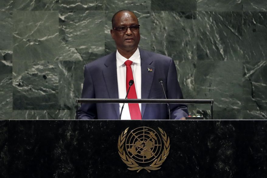 FILE - In this Friday, Sept. 28, 2018 file photo, South Sudan's First Vice President Taban Deng Gai addresses the 73rd session of the United Nations General Assembly, at U.N. headquarters. The United States issued a statement Wednesday, Jan. 8, 2020 announcing that it has imposed sanctions on South Sudan's First Vice President Taban Deng Gai, citing his involvement in serious human rights abuses. (AP Photo/Richard Drew, File)