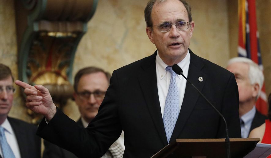 Lt. Gov. Delbert Hosemann, addresses the joint session of the Legislature in House chambers at the Mississippi Capitol in Jackson, Miss., following the swearing in of all the statewide elected officials except the governor, Thursday, Jan. 9, 2020. Gov.-elect Tate Reeves will be inaugurated Tuesday, Jan. 14. (AP Photo/Rogelio V. Solis)