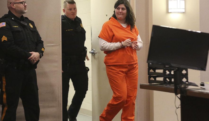 Heather Barbera enters court for her sentencing for the July slaying of her mother and grandmother in their Ventnor condo, in Atlantic County Superior Court, in Mays Landing, Thursday, Jan. 9, 2020.(Vernon Ogrodnek/The Philadelphia Inquirer via AP, Pool)