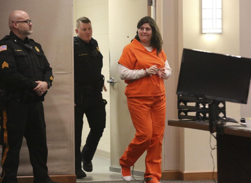 Heather Barbera enters court for her sentencing for the July slaying of her mother and grandmother in their Ventnor condo, in Atlantic County Superior Court, in Mays Landing, Thursday, Jan. 9, 2020.(Vernon Ogrodnek/The Philadelphia Inquirer via AP, Pool)