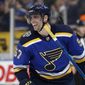 St. Louis Blues&#39; David Perron celebrates after scoring during the second period of an NHL hockey game against the Buffalo Sabres, Thursday, Jan. 9, 2020, in St. Louis. (AP Photo/Jeff Roberson)