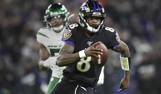 FILE - In this Dec. 12, 2019, file photo, Baltimore Ravens quarterback Lamar Jackson (8) runs with the ball as New York Jets outside linebacker Brandon Copeland (51) chases him during the first half of an NFL football game, in Baltimore. The Ravens bring a 12-game winning streak into their playoff matchup with the Tennessee Titans in Saturday night.(AP Photo/Gail Burton, File)