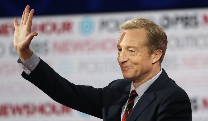 In this Dec. 19, 2019, file photo, Democratic presidential candidate businessman Tom Steyer waves before a Democratic presidential primary debate in Los Angeles, Calif. Steyer has unveiled an immigration proposal seeking to make immigrants fleeing the effects of climate change eligible for legal entry into the United States. (AP Photo/Chris Carlson, File)