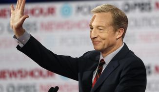 FILE - In this Dec. 19, 2019, file photo, Democratic presidential candidate businessman Tom Steyer waves before a Democratic presidential primary debate in Los Angeles, Calif. Steyer has unveiled an immigration proposal seeking to make immigrants fleeing the effects of climate change eligible for legal entry into the United States. (AP Photo/Chris Carlson, File)