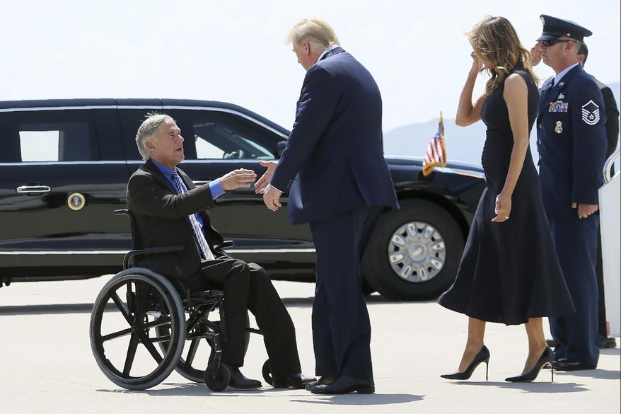 FILE - In this Aug. 7, 2019 file photo, President Donald Trump and Melania Trump greet Texas Gov. Greg Abbott after arriving in El Paso, Texas. Abbott says the state will reject the re-settlement of new refugees, becoming the first state known to do so under a recent Trump administration order. In a letter released Friday, Jan, 10, 2020, Abbott wrote that Texas "has been left by Congress to deal with disproportionate migration issues resulting from a broken federal immigration system." He added that Texas, which typically takes in thousands of refugees each year, has done "more than its share." Governors in 42 other states have said they will consent to allowing in more refugees, according to the Lutheran Immigration and Refugee Service.(Mark Lambie/The El Paso Times via AP, File)