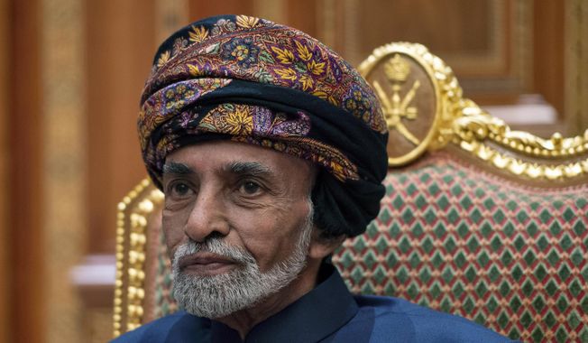 In this Jan. 14, 2019, file photo, Sultan Qaboos bin Said of Oman sits during a meeting with Secretary of State Mike Pompeo at the Beit Al Baraka Royal Palace in Muscat, Oman. (Andrew Caballero-Reynolds/Pool Photo via AP, File)