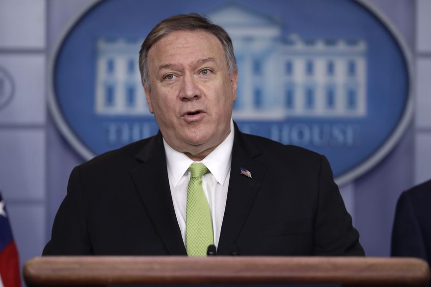 Secretary of State Mike Pompeo briefs reporters about additional sanctions placed on Iran, at the White House, Friday, Jan. 10, 2019, in Washington with and Treasury Secretary Steve Mnuchin. (AP Photo/ Evan Vucci)