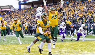 North Dakota State wide receiver Phoenix Sproles (11) smiles after scoring a touchdown during the first half of the FCS championship NCAA college football game against James Madison, Saturday, Jan. 11, 2020, in Frisco, Texas. (AP Photo/Sam Hodde)