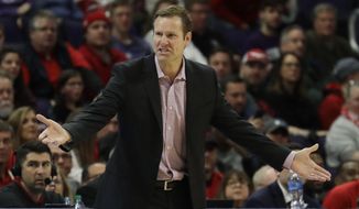 Nebraska head coach Fred Hoiberg reacts to a call during the first half of an NCAA college basketball game against Northwestern in Evanston, Ill., Saturday, Jan. 11, 2020. (AP Photo/Nam Y. Huh)
