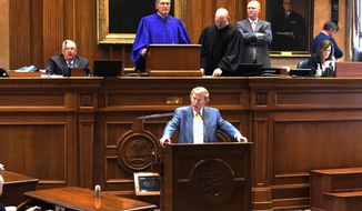 FILE - In this Jan. 9, 2019 file photo, New South Carolina Senate President Harvey Peeler listens as former Senate President Pro Tempore Hugh Leatherman speaks in Columbia, S.C.. South Carolina lawmakers return to the Statehouse on Tuesday, Jan. 14, 2020 for the 2020 session with an agenda that looks a lot like what they tried to tackle in 2019.(AP Photo/Jeffrey Collins)