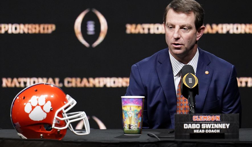 Clemson head coach Dabo Swinney speaks at a news conference for the NCAA College Football Playoff national championship game Sunday, Jan. 12, 2020, in New Orleans. Clemson is scheduled to play LSU on Monday. (AP Photo/Chris Carlson)