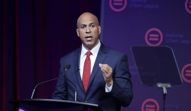 This July 25, 2019, file photo shows Democratic presidential candidate Sen. Cory Booker, D-N.J., speaking during the National Urban League Conference in Indianapolis. Booker dropped out of the 2020 Presidential race on Monday, Jan. 13, 2020. (AP Photo/Darron Cummings, File)